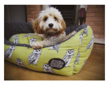 Load image into Gallery viewer, Snug &amp; Cosy Owl Print range Dog Bed with reversible cushion UK Made Luxury pet bed
