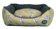 Load image into Gallery viewer, Snug &amp; Cosy Owl Print range Dog Bed with reversible cushion UK Made Luxury pet bed
