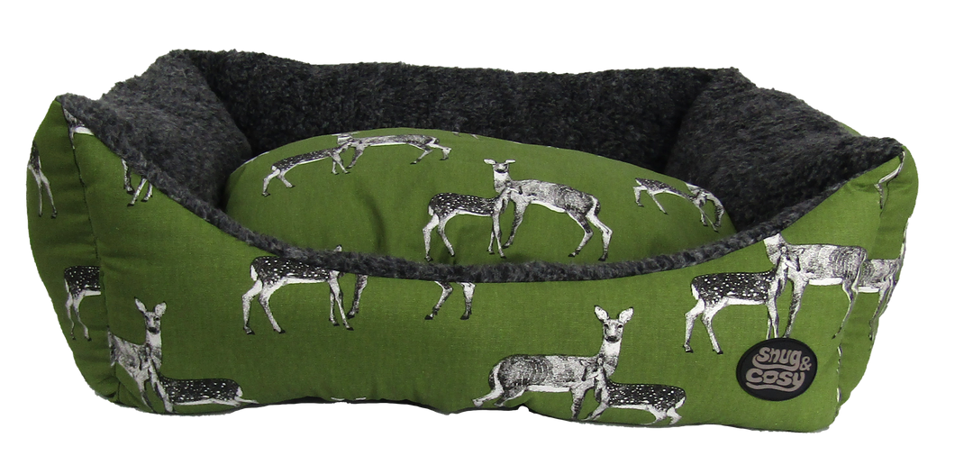 Snug & Cosy Sage Deer Print range Dog Bed reversible cushion UK Made Luxury pet bed