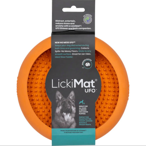 The Lickimat UFO in orange perfect for sticking to the car window , hard floors or freezer doors also ideal in the bath for wash day 