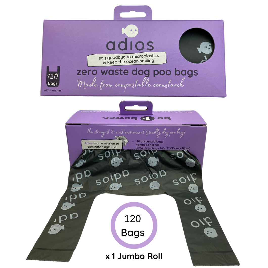 Adios Compostable Dog Poo Bags With Handle - Jumbo Roll - 120 bags with handy dispenser